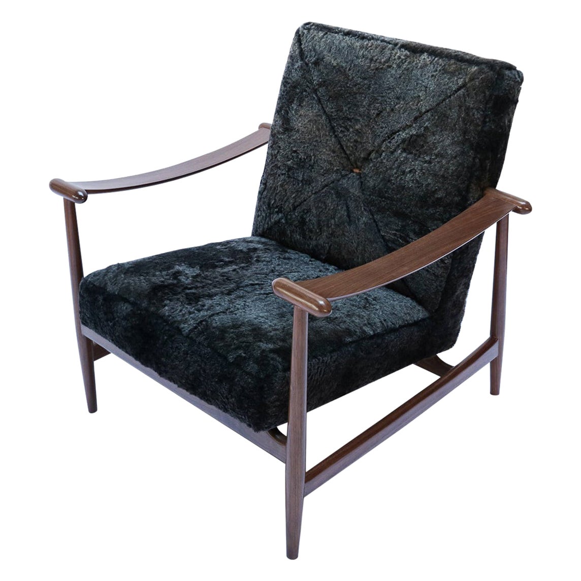 Custom Walnut Midcentury Style Armchairs in Black Sheepskin by Adesso Imports For Sale