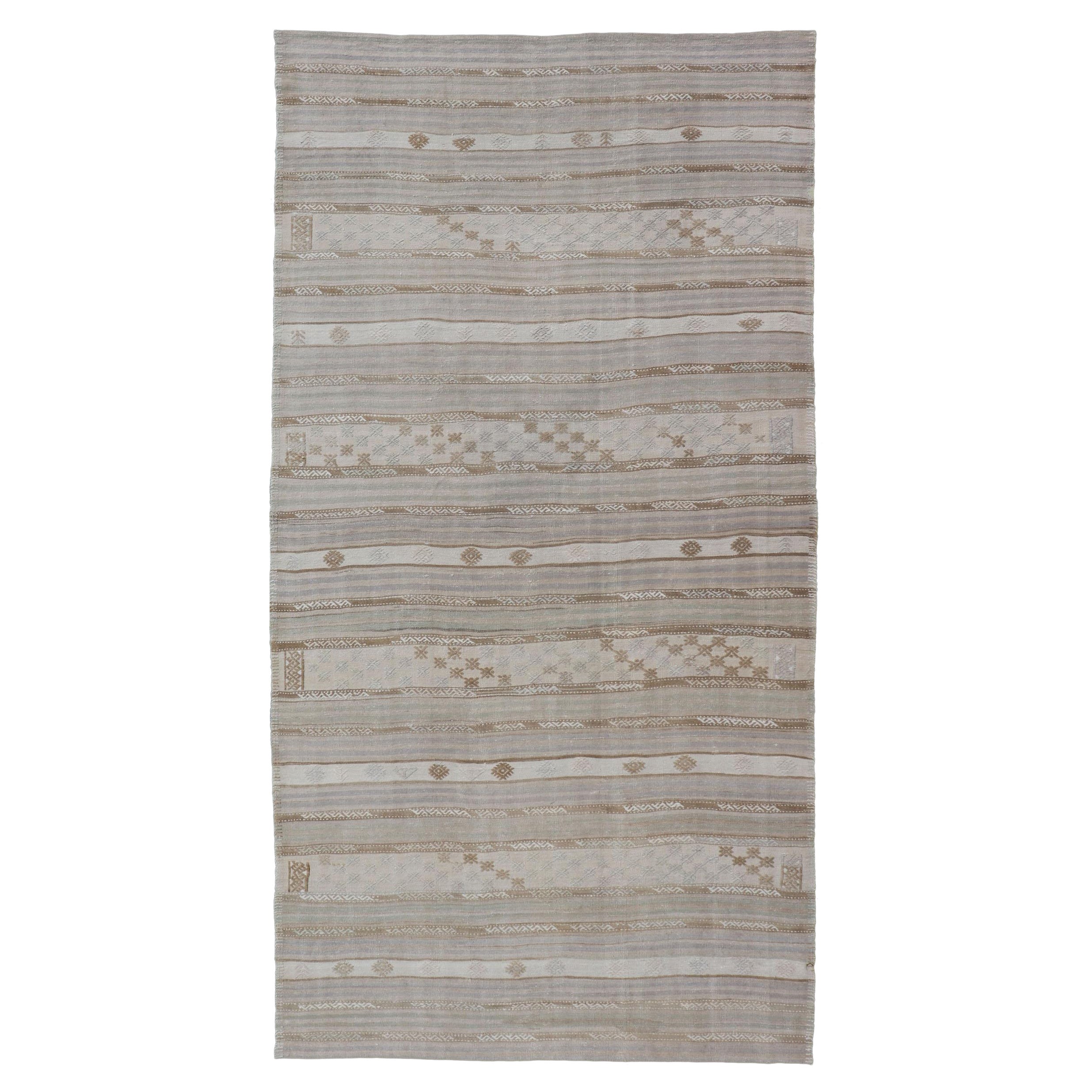 Striped Turkish Flat-Weave Kilim in Muted Colors and Tribal Motifs