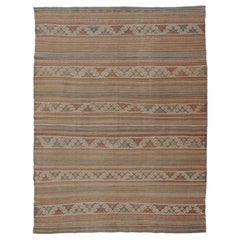 Colorful Vintage Embroidered Kilim with Stripes and Alternating Geometric Motifs