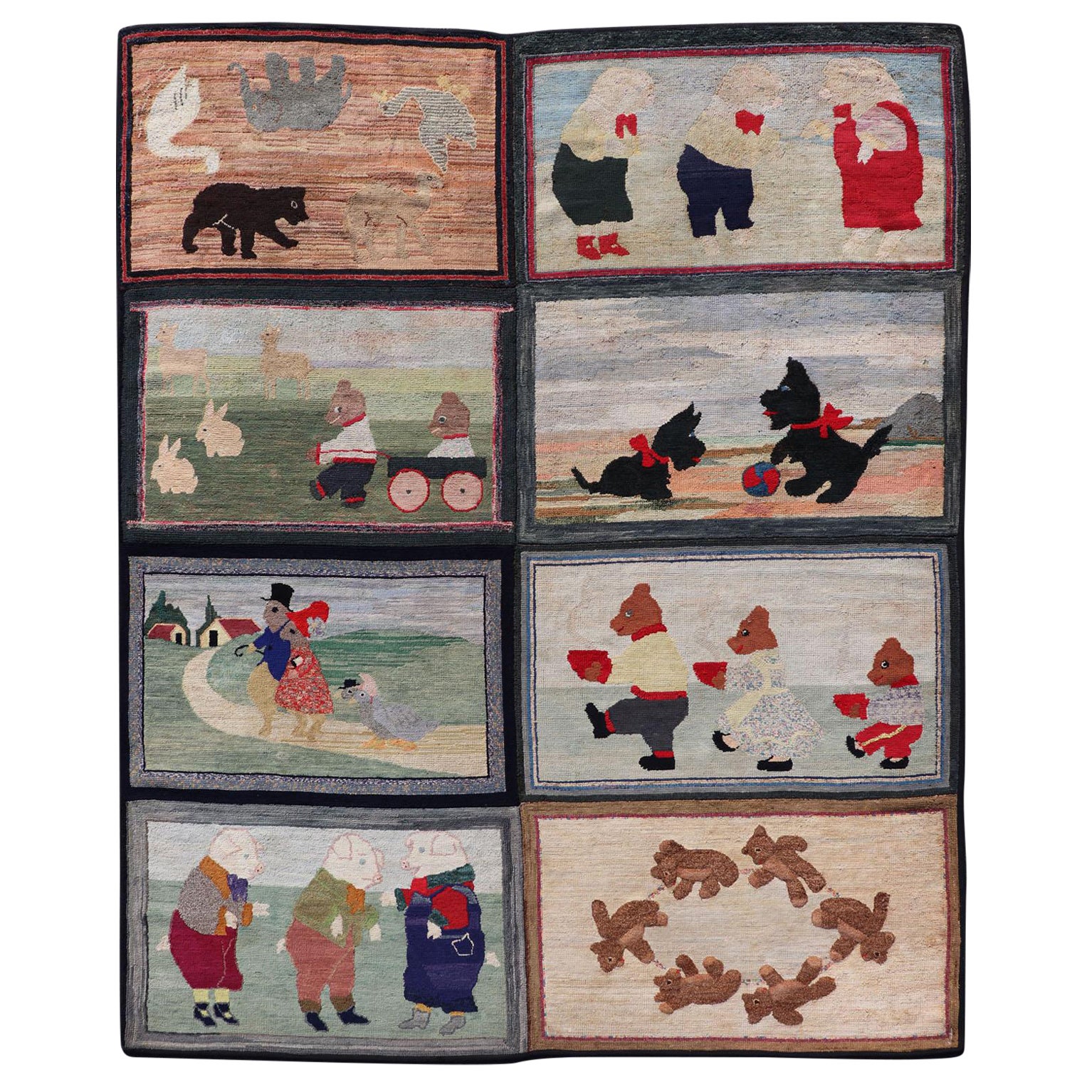 Antique American Hooked Rug with Panel of Children's Rhymes For Sale