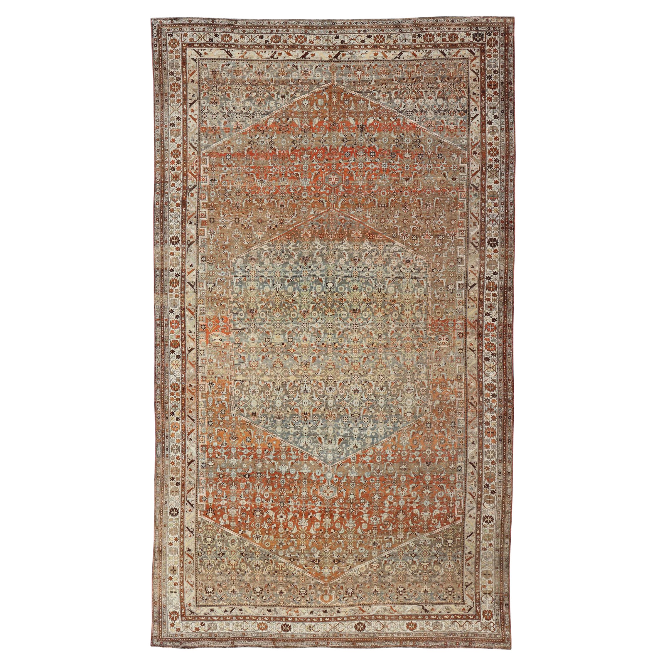 Very Large Antique Persian Bidjar Rug in Gray, Blue, Light Orange, Bronze For Sale