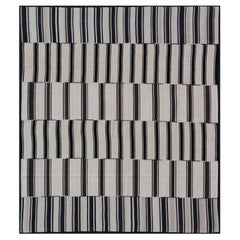  Paneled Vintage Turkish Stripe Kilim in Off White, Black,  Brown & Dark Blue 
