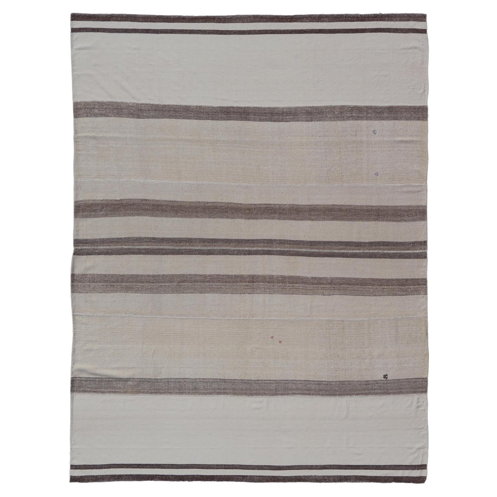 Large Vintage Turkish Kilim Rug with Stripes in Brown, White and Cream For Sale