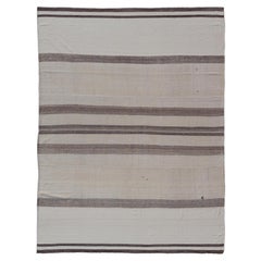 Large Retro Turkish Kilim Rug with Stripes in Brown, White and Cream