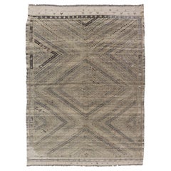 Retro Turkish Embroidered Flat-Weave Rug with Neutral-Toned Geometric Design