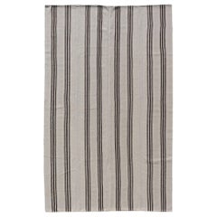 Retro Turkish Kilim Rug With Vertical Stripes in Off White and Brown Stripes