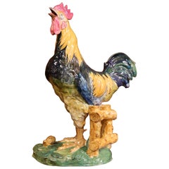 Large 19th Century French Painted Barbotine Rooster Signed Alfred Renoleau