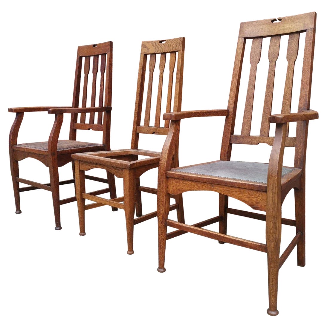 Two Glasgow Style Arts & Crafts Oak Armchairs & a Single Matching Dining Chair