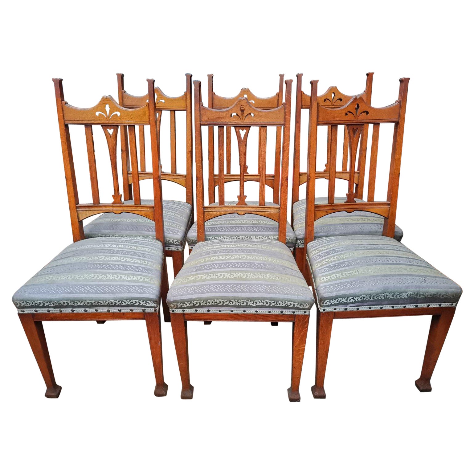 Liberty & Co. Six English Arts & Crafts Oak Dining Chairs with Heart Cut-Outs