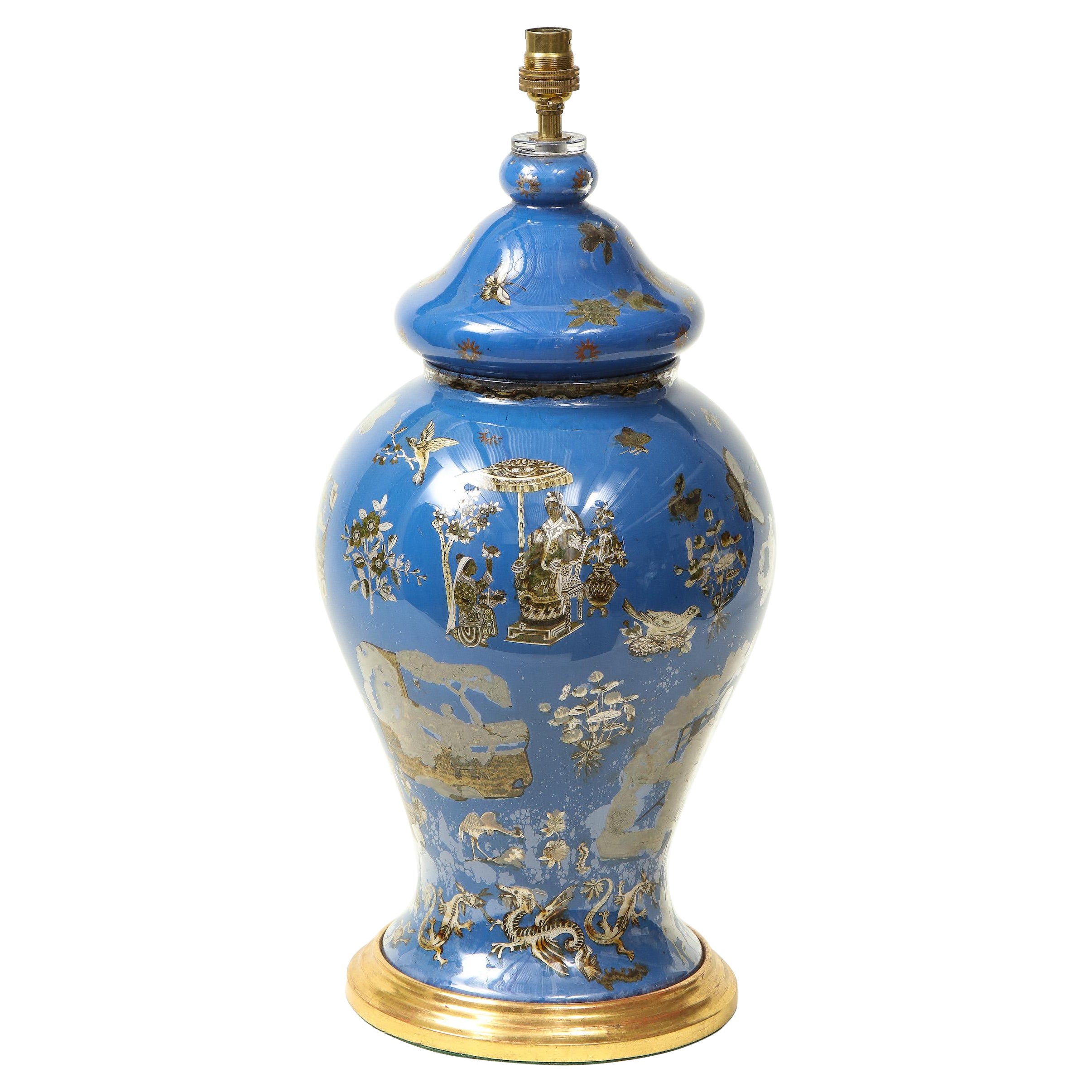 Royal Blue Chinoiserie Decalcomania Lamp For Sale