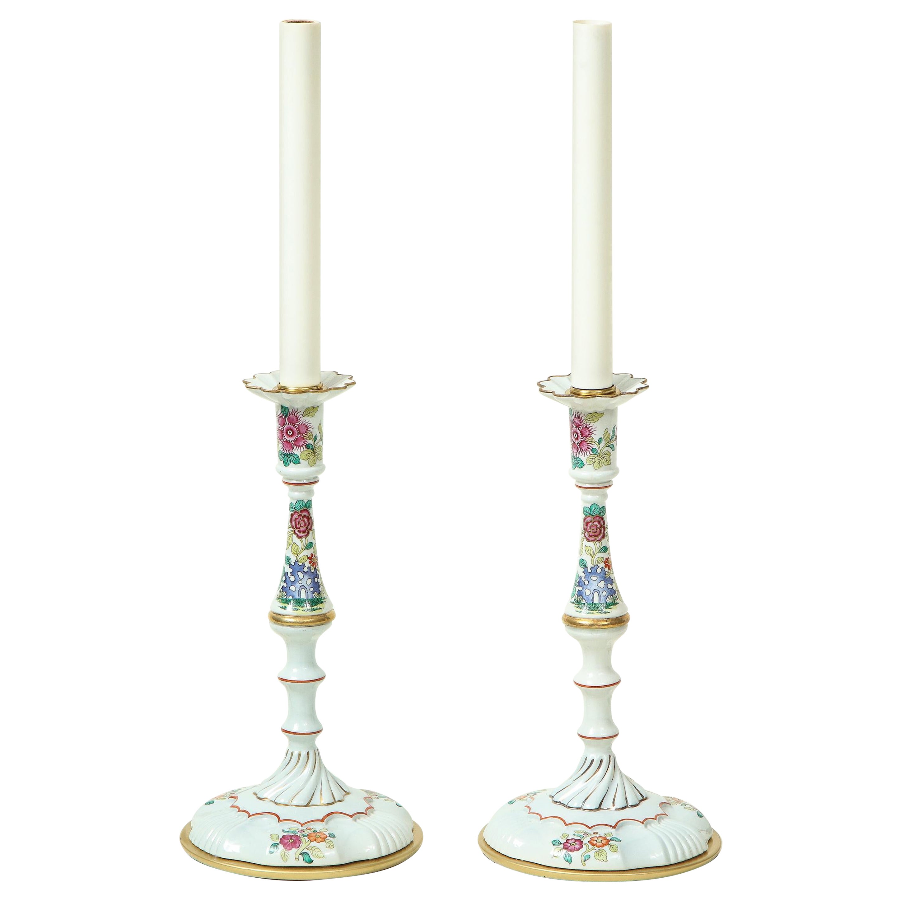 Pair of Mario Buatta Battersea Enamel Style Candlestick Lamps