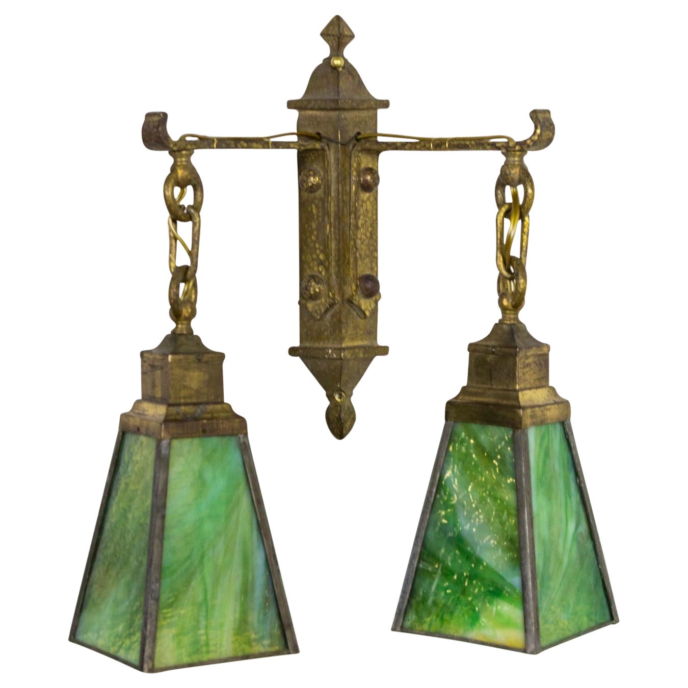 Arts & Crafts Period Two Light Sconce with Green Art Glass Shades