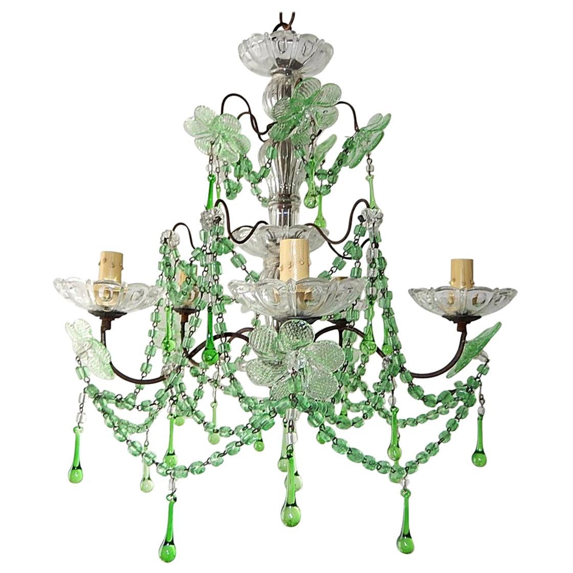 French Murano Green Drops Macaroni Swags Flowers Chandelier, circa 1920 For Sale