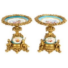 Antique Pair French Ormolu & Sevres Bleu Celeste Tazza's 19 century