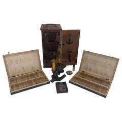 Antique Carl Zeiss Stand IV Brass Continental Microscope W/ Case and Slides, circa 1891