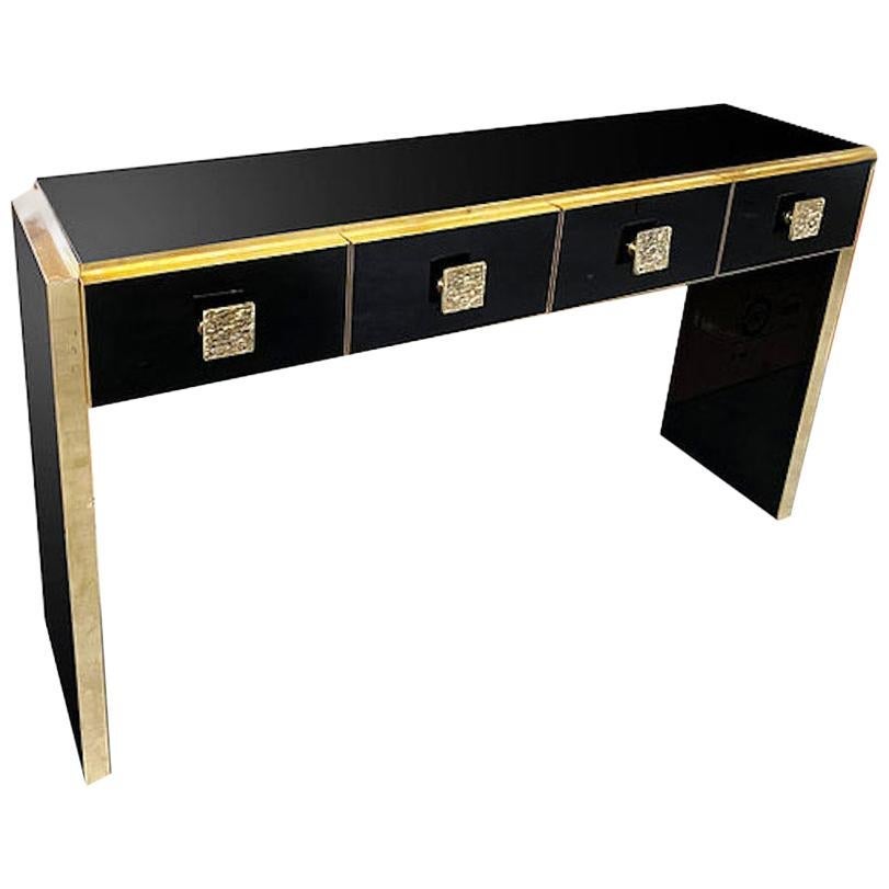 Bespoke Italian Art Deco Design Black Glass & Cast Brass Console Table/Sideboard For Sale