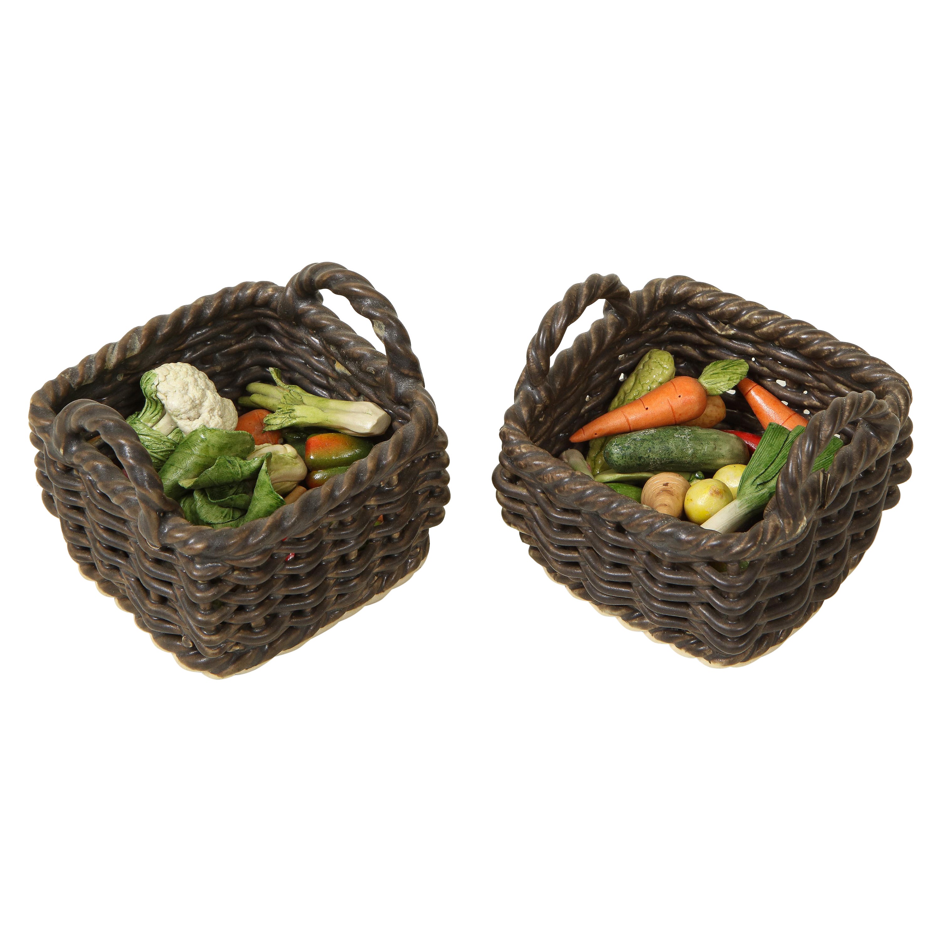 Miniature Pair of Ceramic Wicker Baskets with Vegetables