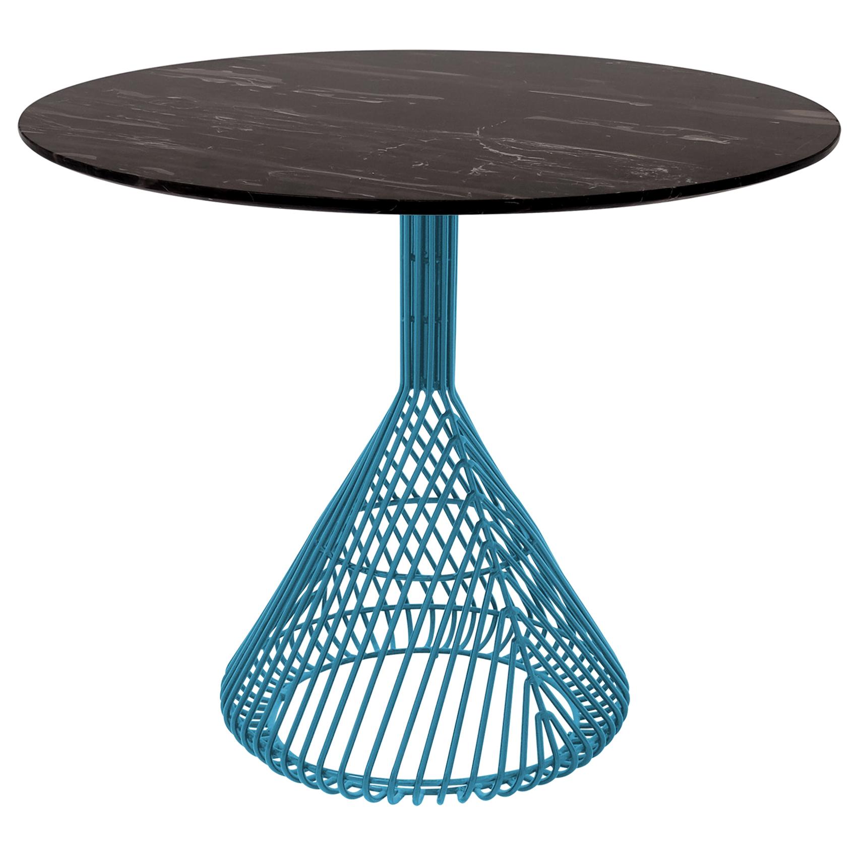 Modern Bistro Table, Wire Dining Table in Peacock Blue with Black Marble Top For Sale