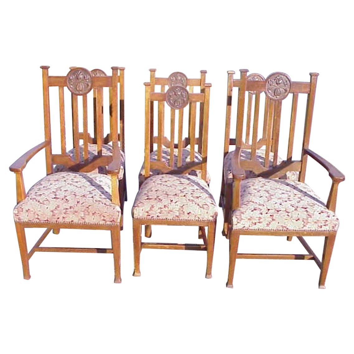 Set of Six English Arts & Crafts Oak Dining Chairs with Carved Floral Roundels For Sale