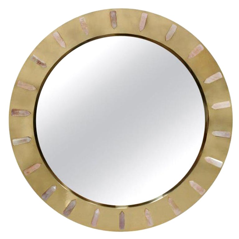 Midcentury Style Made of Brass and Pink Quartz Circular Italian Mirror For Sale