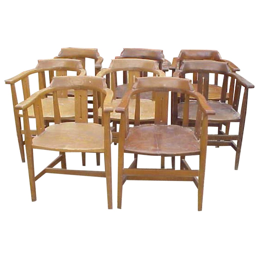 Shapland & Petter Eight Arts & Crafts Oak Armchairs with Shaped Headrest & Seats For Sale