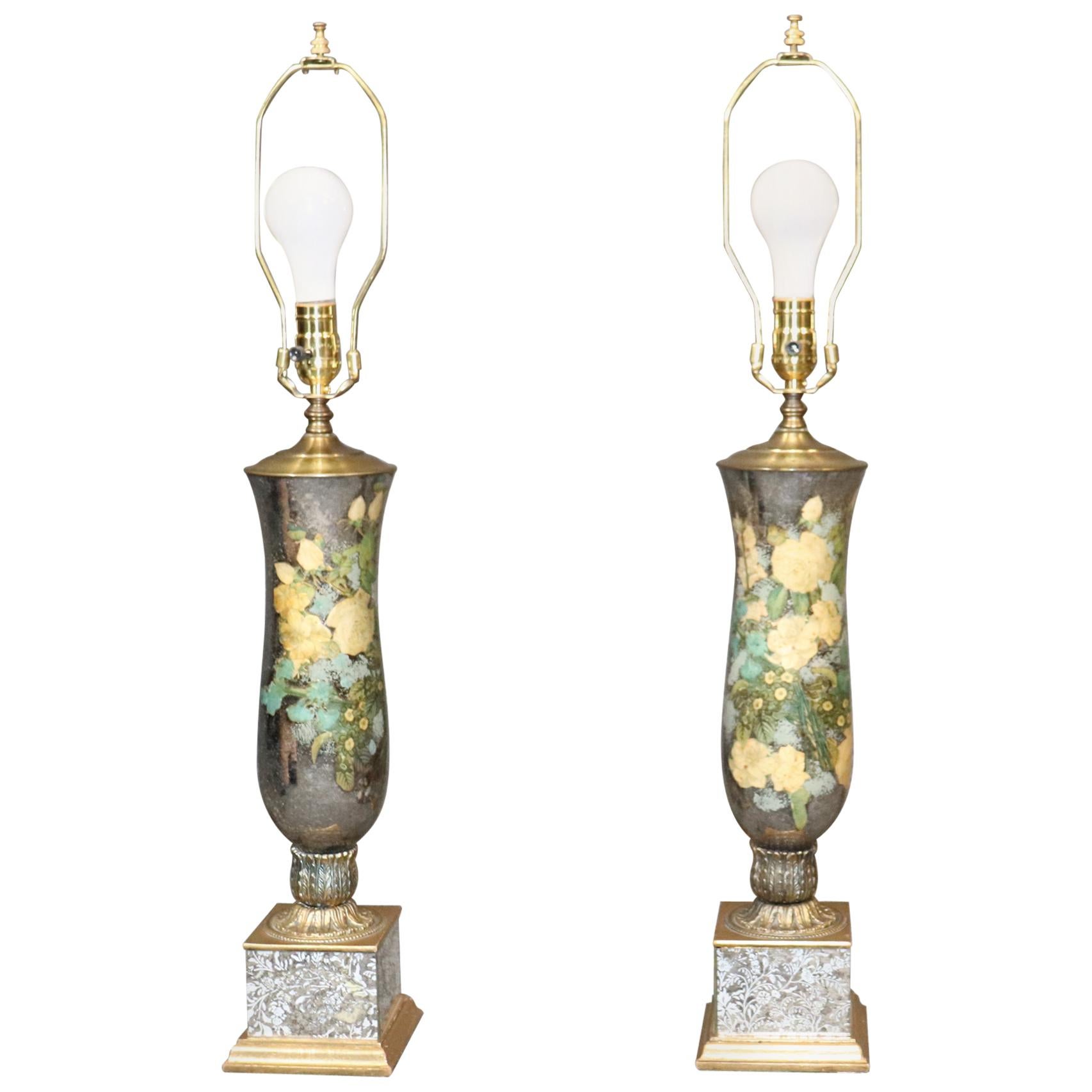 Pair of Fornasetti Style Silver Leaf Reverse Painted Églomisé Lamps with Bronze