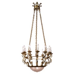 Art Deco / Machine Age Style Brass Hanging Chandelier, French Glass by S.E.V.B.