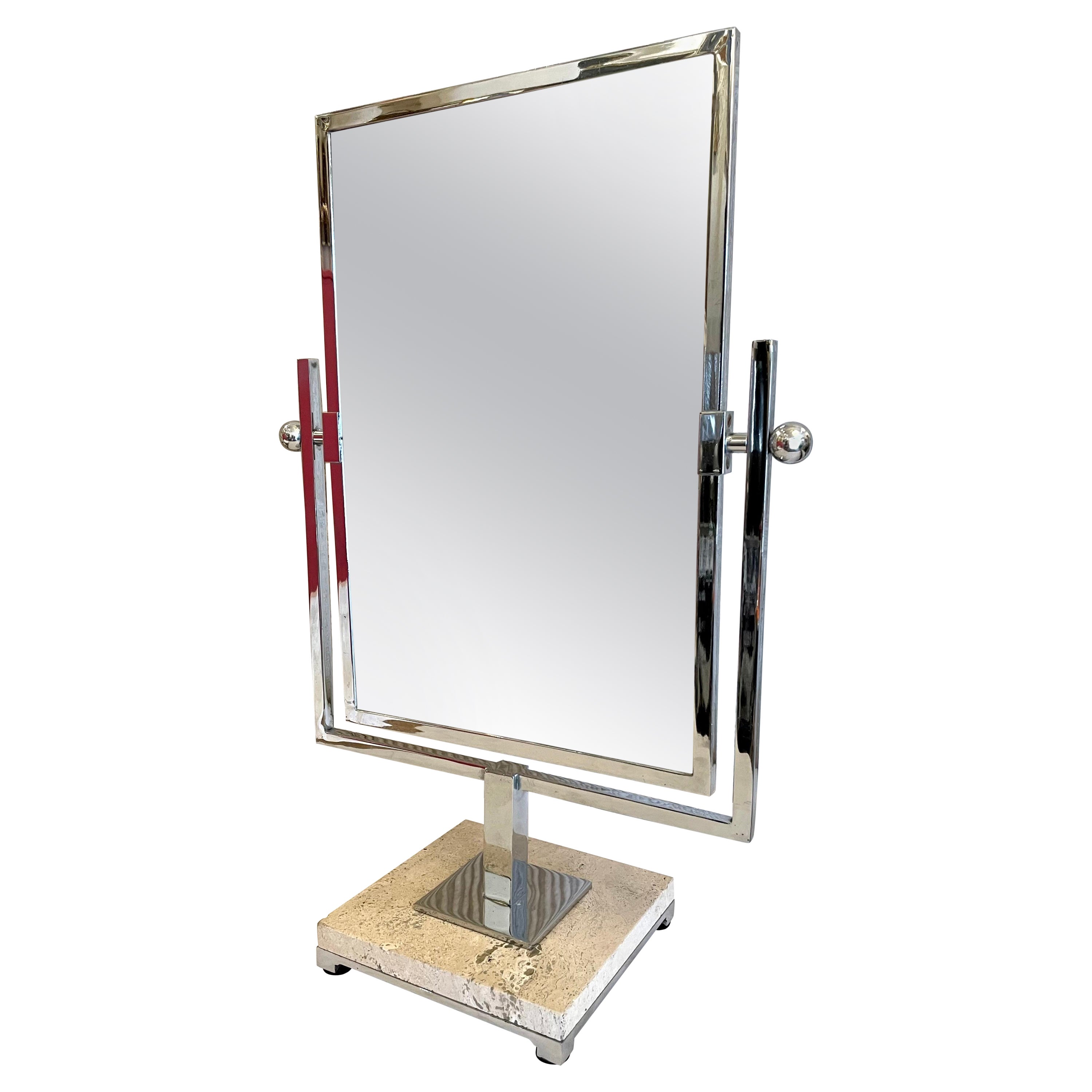 Large Swivel Vanity Mirror on Travertine Base For Sale