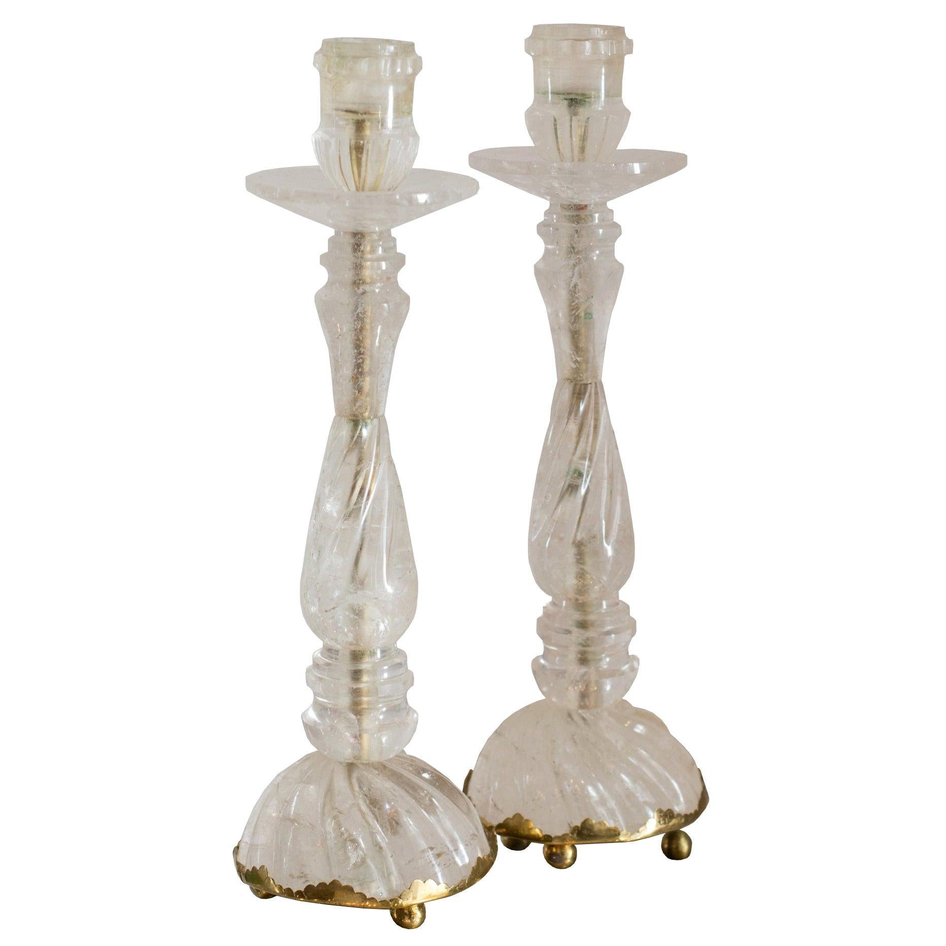 Contemporary Pair of Twisted Clear Rock Crystal Quartz Candlesticks