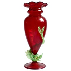 Barovier Seguso Ferro Murano Red Gold Flecks Italian Art Glass Fish Stem Vase