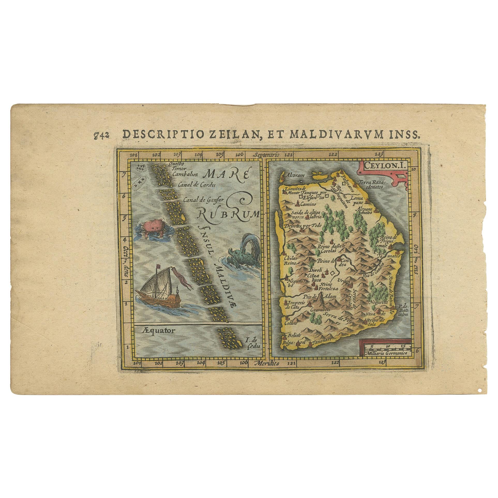 Antike antike Miniaturkarte von Ceylon „Sri Lanka“ und den Maldiven von Bertius, 1618