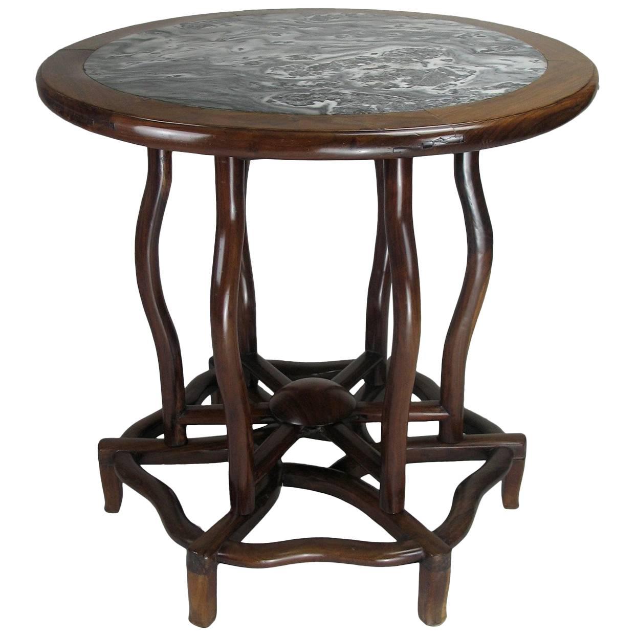 Chinese Hardwood Circular Table with a Marble Top For Sale