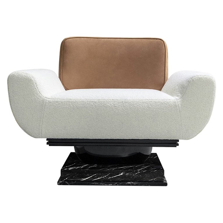21st Century Modern Armchair Bouclé, Leather Upholstered & Nero Marquina Marble For Sale