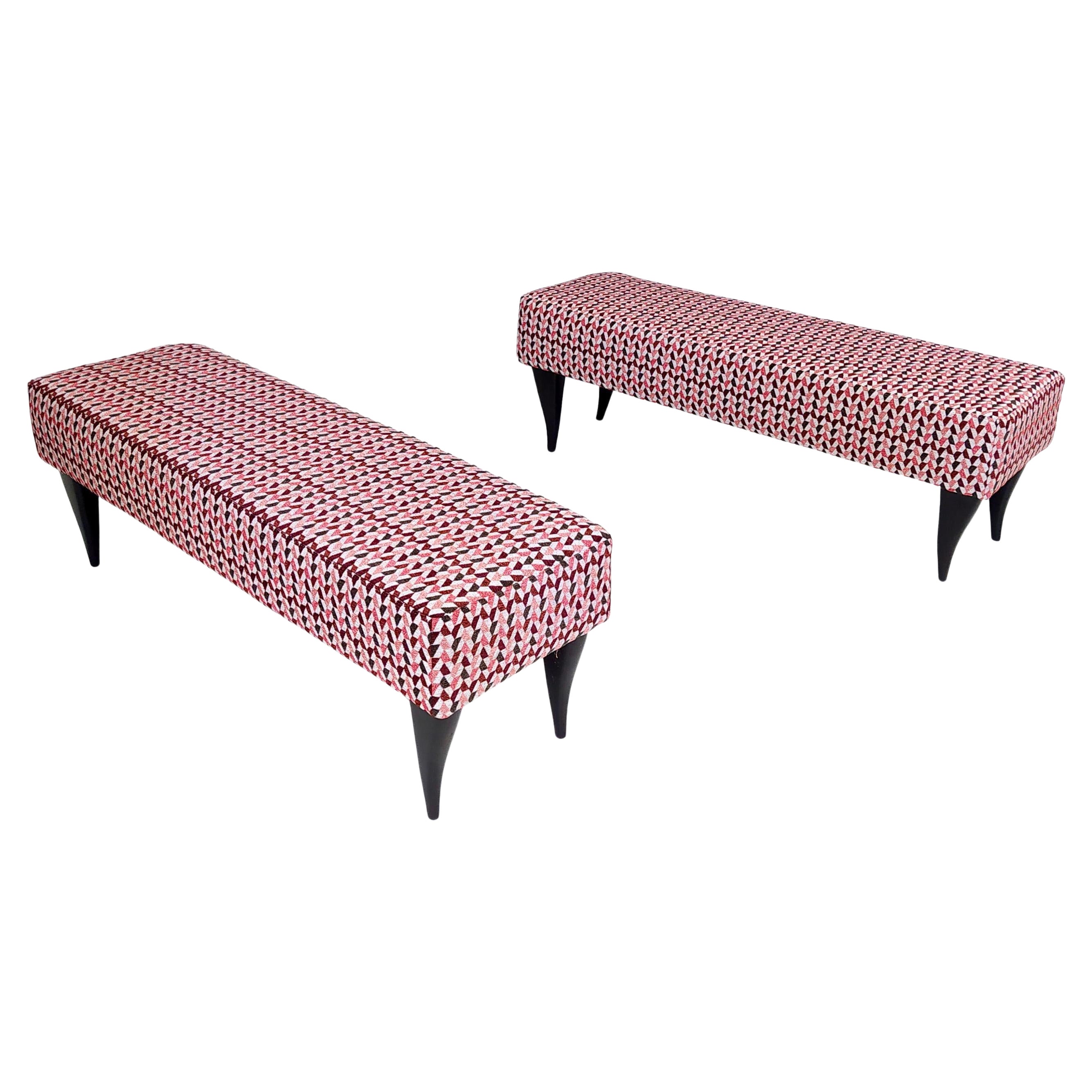 Pair of Vintage Benches with Red Patterned Fabric Upholstery, Italy For Sale