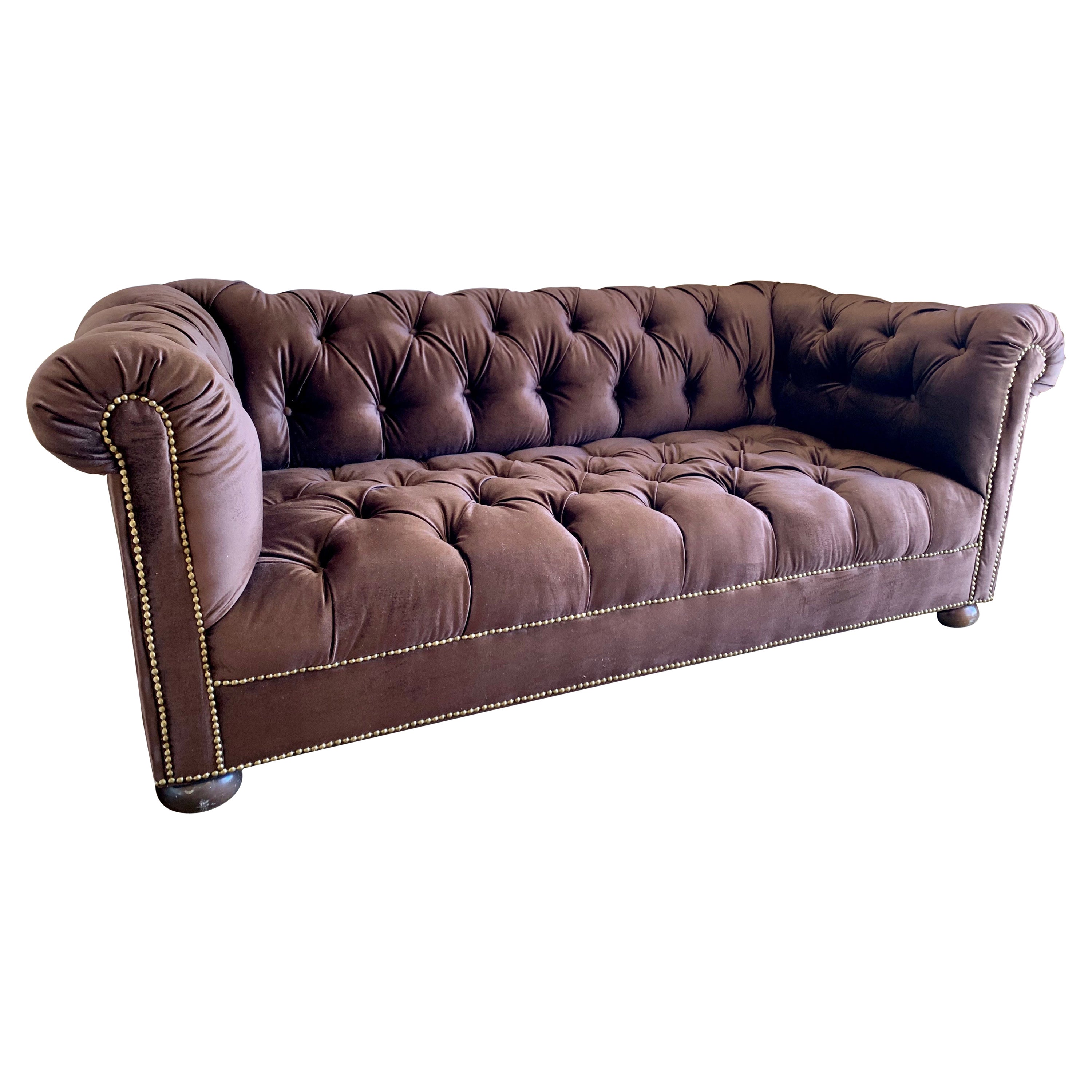 Modern Deeply Button Tufted Velvet Tuxedo Sofa in Chocolate Brown by