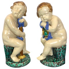 Pair Minton Majolica Putti Figures Allegorical of Time Passage, 1862, H-19ins