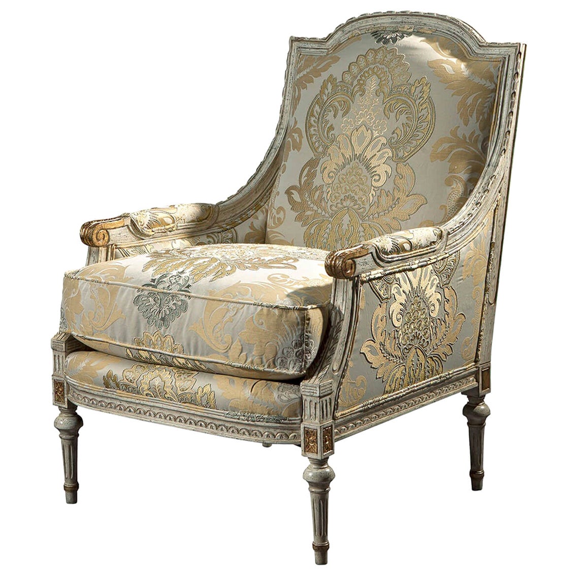 French Walnut Louis XVI style Wingback Bergère Chair with Light Blue