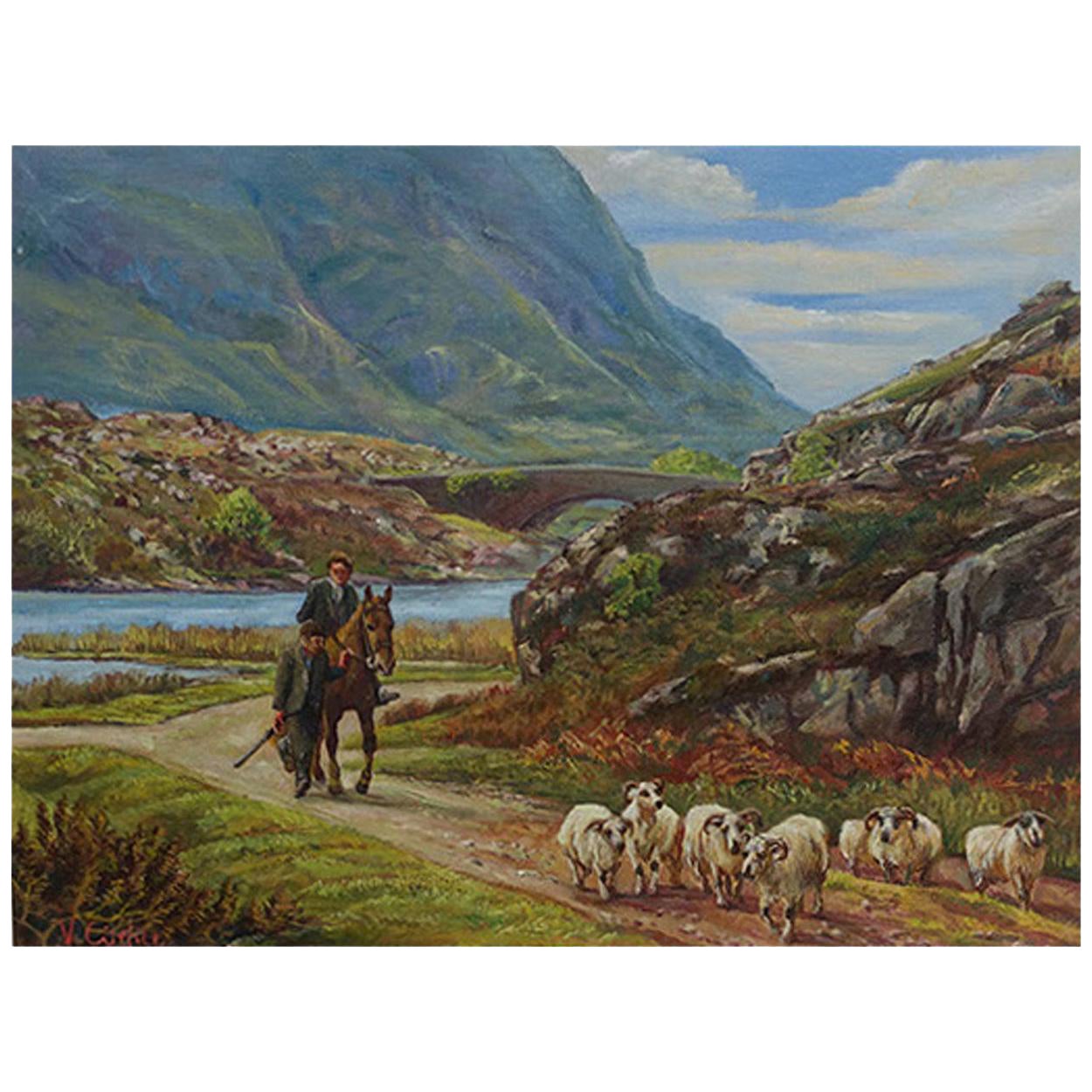 Huile sur panneau « irlandaise » de Victor Cirefice, Moving the Flock, vers 1980