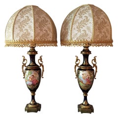 Vintage Pair of Italian Sèvres Style Table Lamps Blue Porcelain Bases Gold Lace Shades