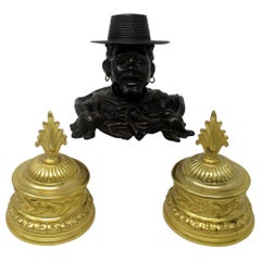 Antique Chinese Japanese Bronze Inkwell Male Bust Pair French Ormolu Desk Set