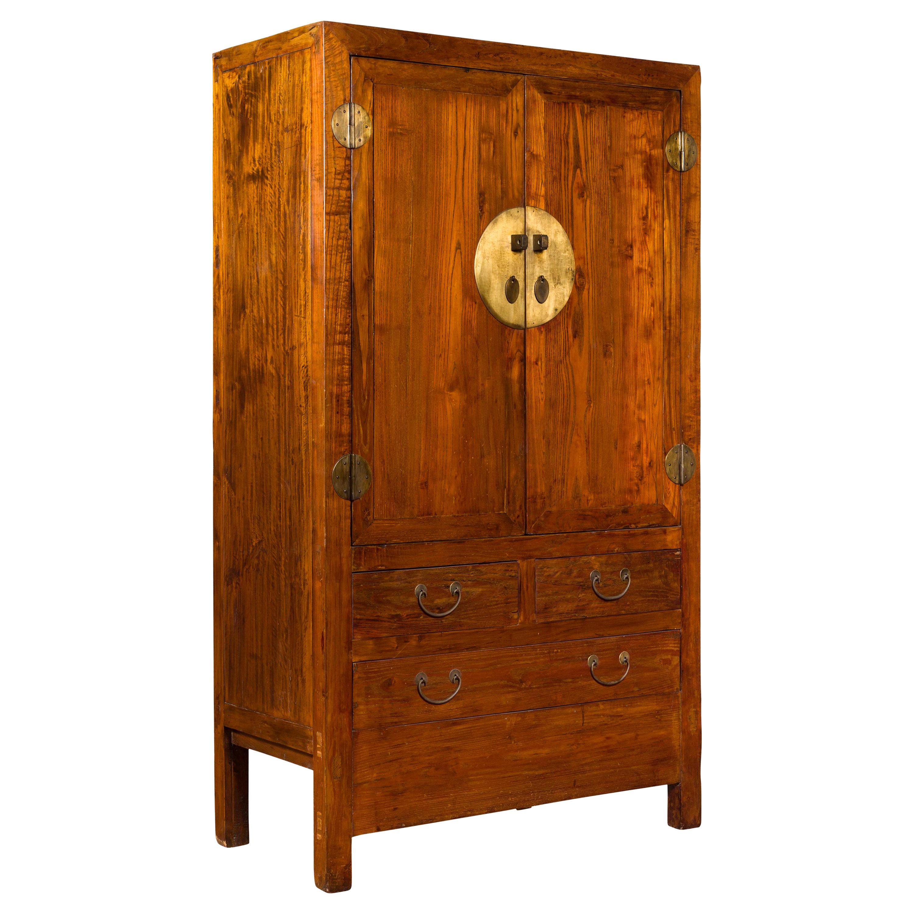 Elmwood Cabinet with Brass Medallion and Three Drawers for Versatile Storage