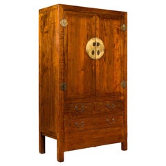 Elmwood Cabinet with Brass Medallion and Three Drawers for Versatile Storage