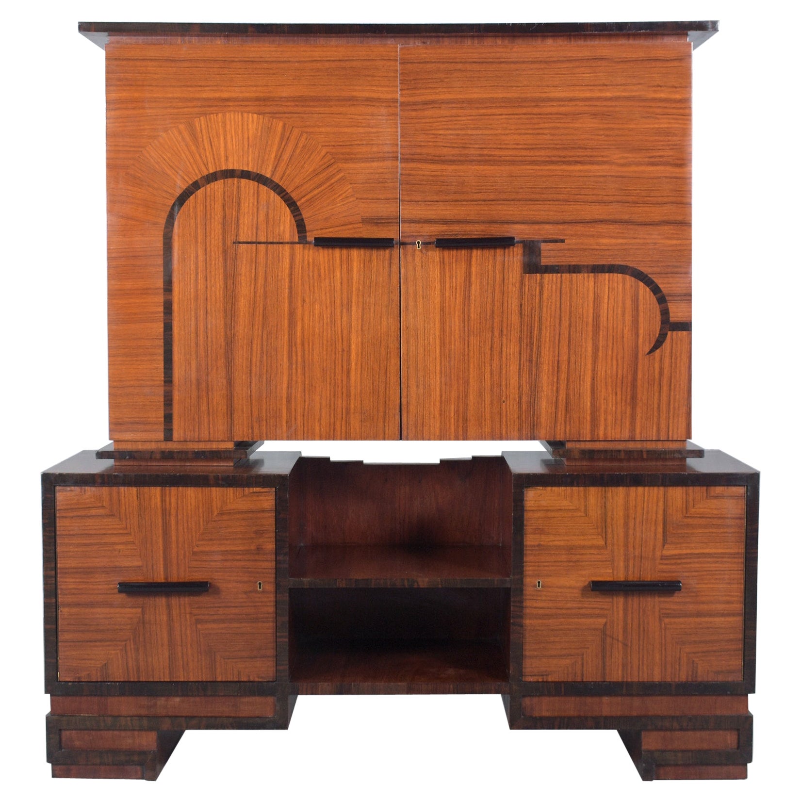1950s French Art Deco Mahogany Sideboard with Marquetry and Ebonized Handles For Sale