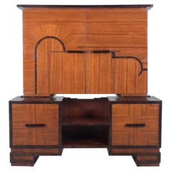 1950s French Art Deco Mahogany Sideboard with Marquetry and Ebonized Handles