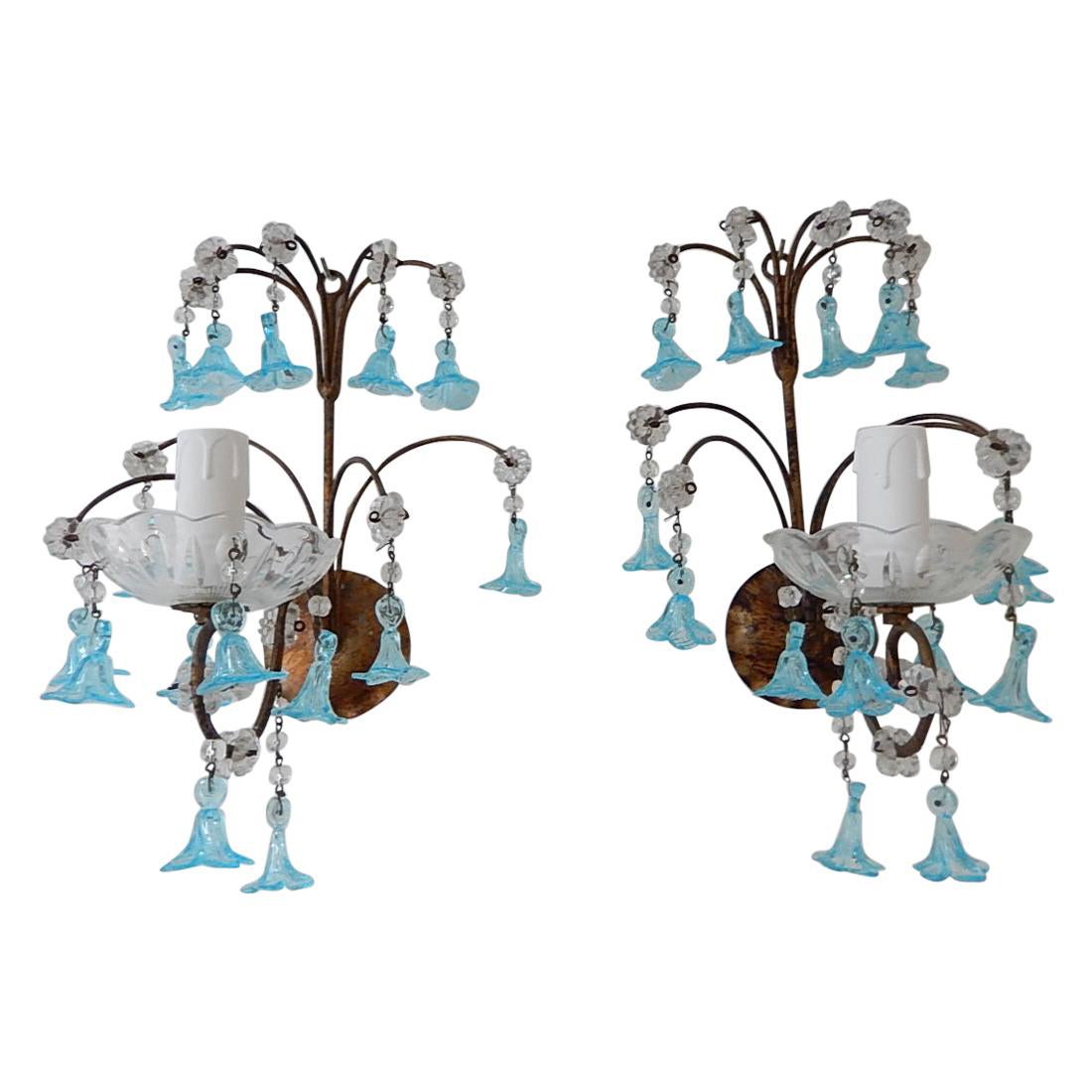 1920 French Aqua Blue Murano Bell Flowers and Crystal Prisms Sconces