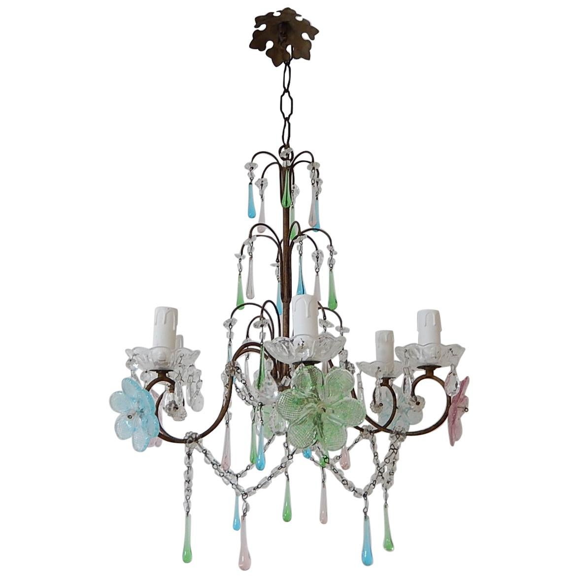 Italian Murano Multi-Color Flowers & Drops Chandelier Blue Green Pink circa 1930 For Sale