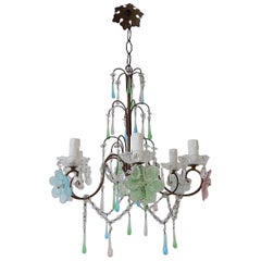 Vintage Italian Murano Multi-Color Flowers & Drops Chandelier Blue Green Pink circa 1930