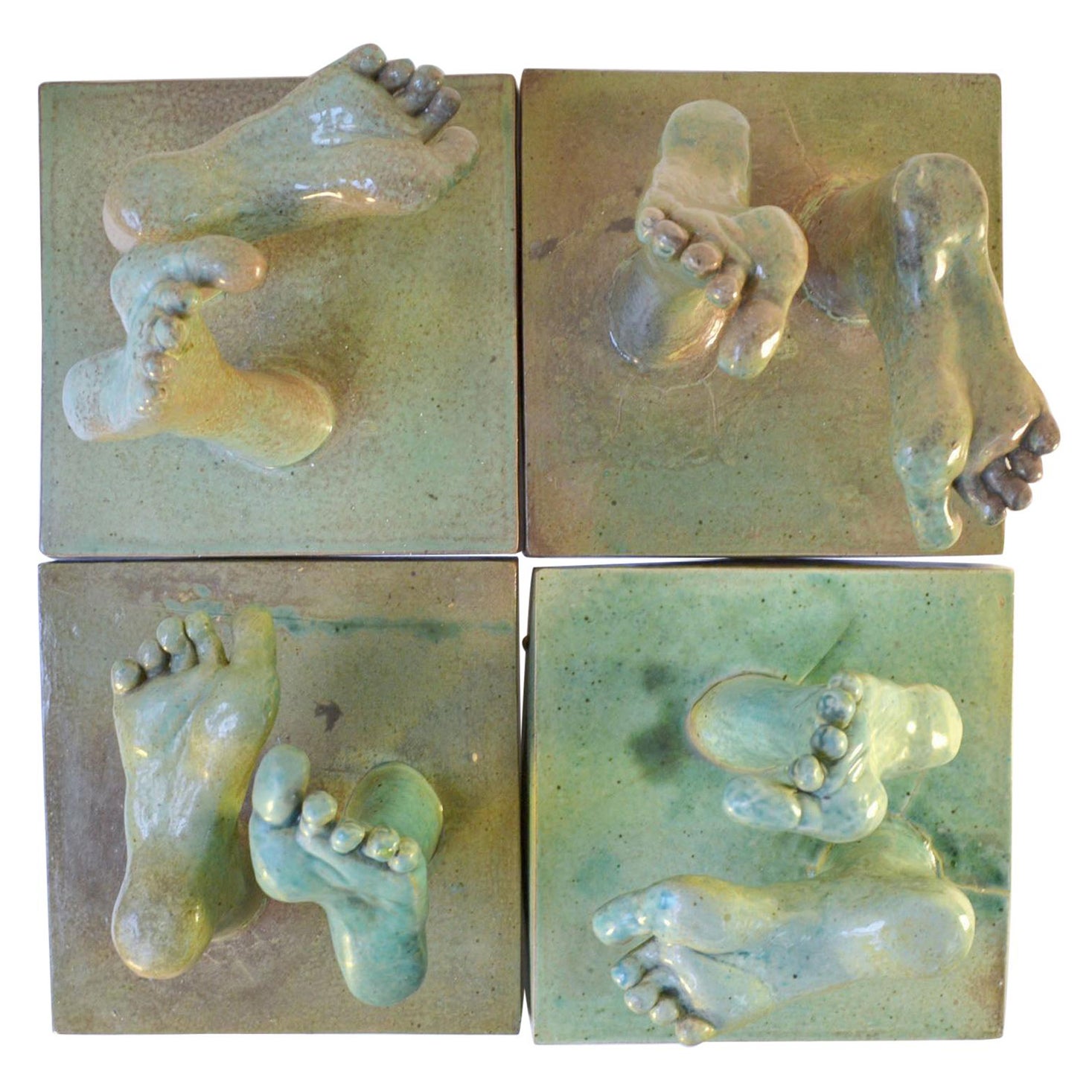Ceramic Relief tiles with Green Glazed Sculpted Feet For Sale