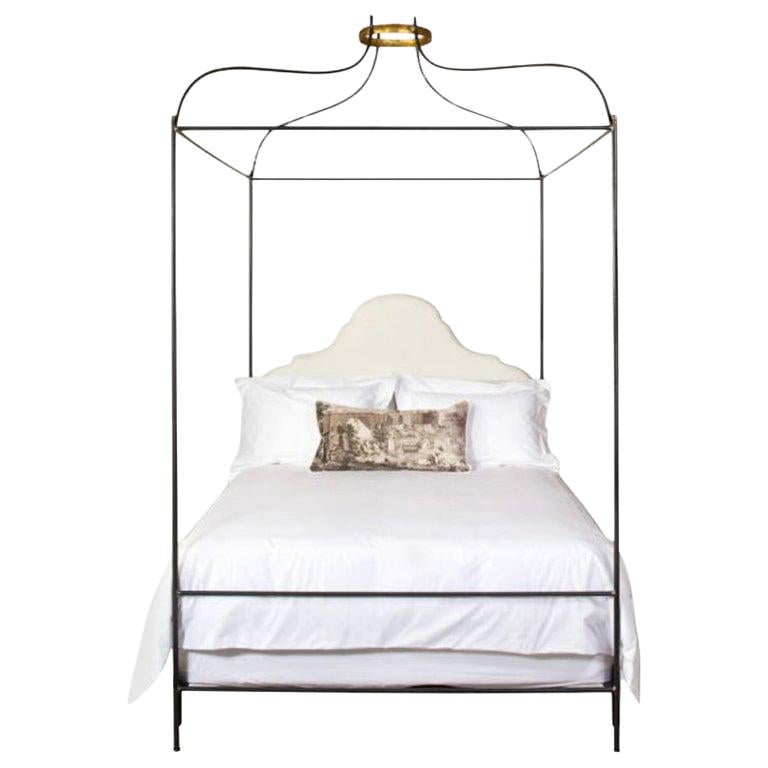 Iron Venetian Canopy Bed with Linen Headboard, Queen