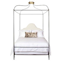 Iron Venetian Canopy Bed with Linen Headboard, Queen